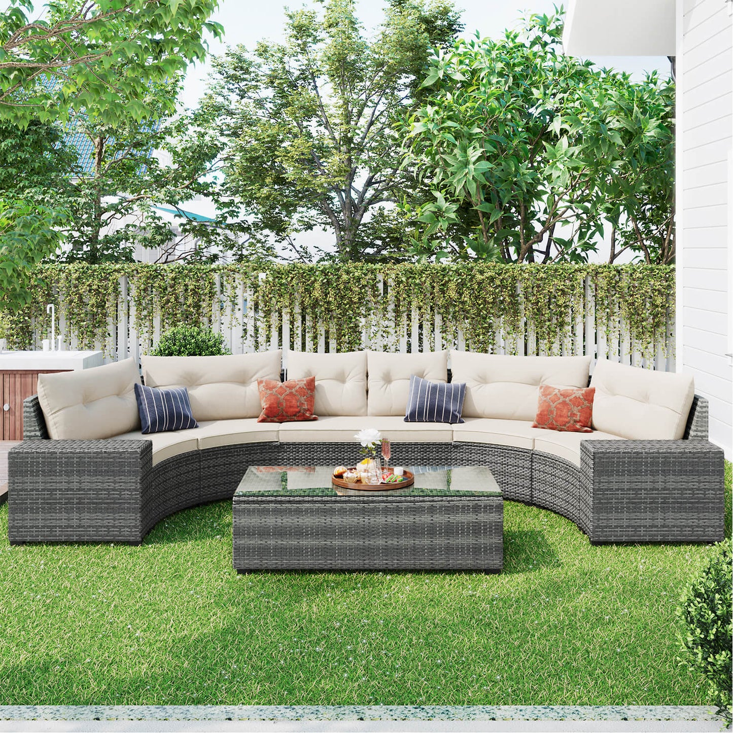 8-pieces Outdoor Wicker Round Sofa Set, Half-Moon Sectional Sets - Meissalivve