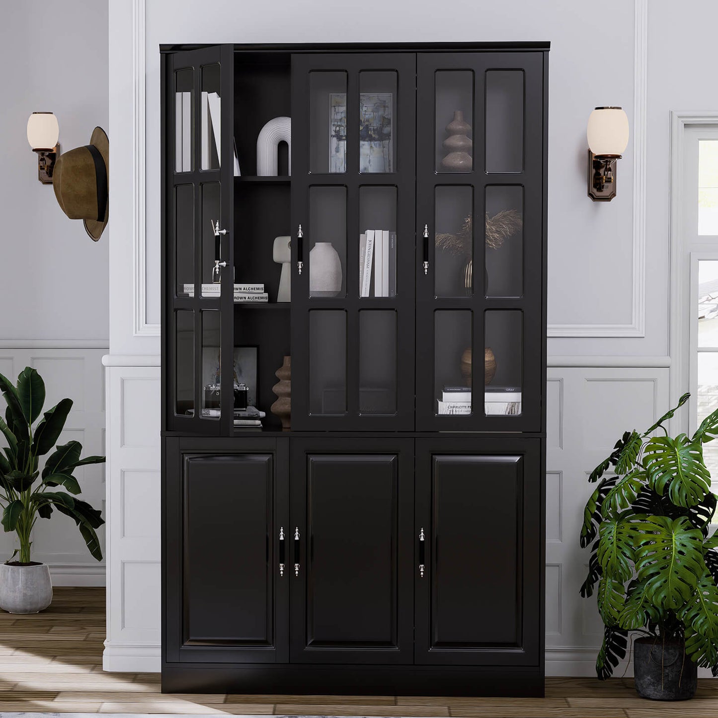 78.7" Kitchen Pantry Storage Cabinet with Glass Doors & Shelves