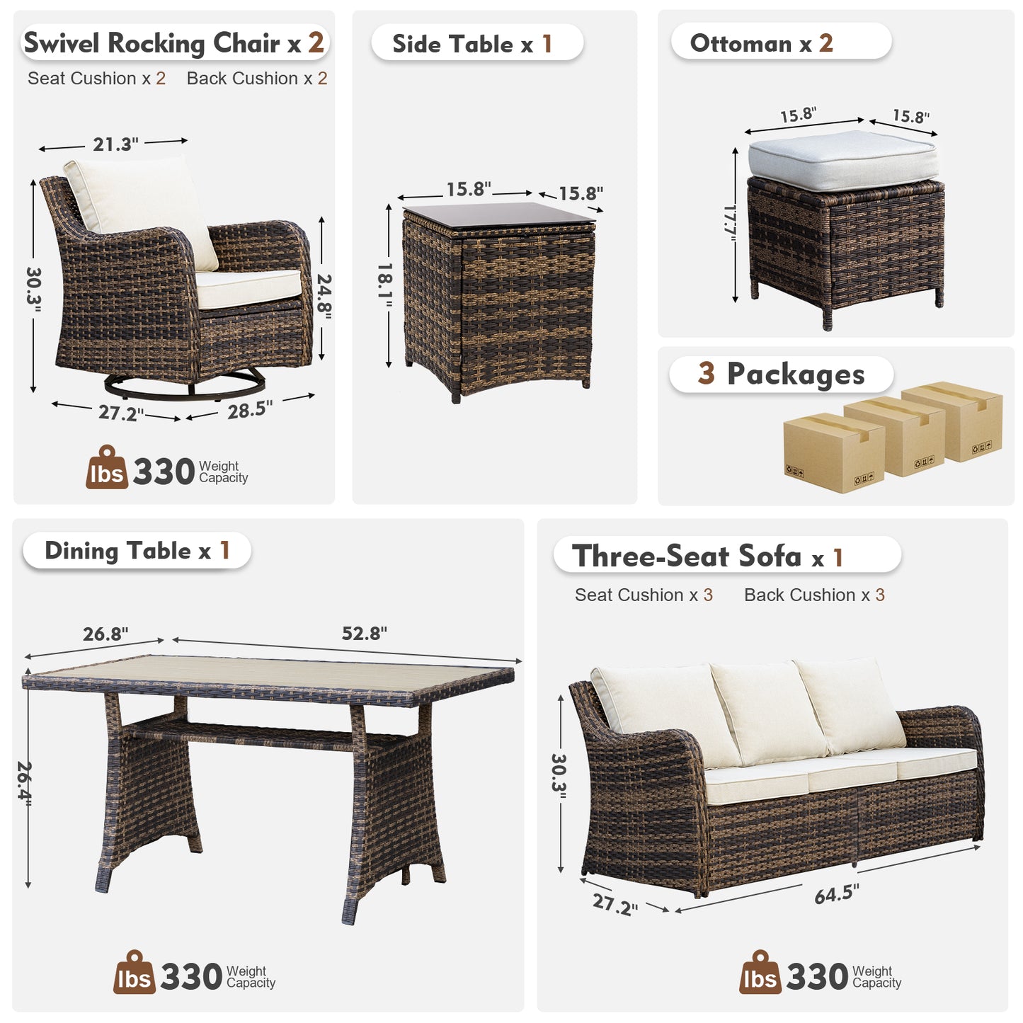 7 Piece Outdoor Rattan Patio Furniture Set, Swivel Chairs with Dining Table  (YK-6013-C1)