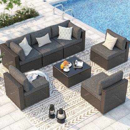 7 Pieces Patio Rattan Conversation Set with Adjustable Corner Sofa