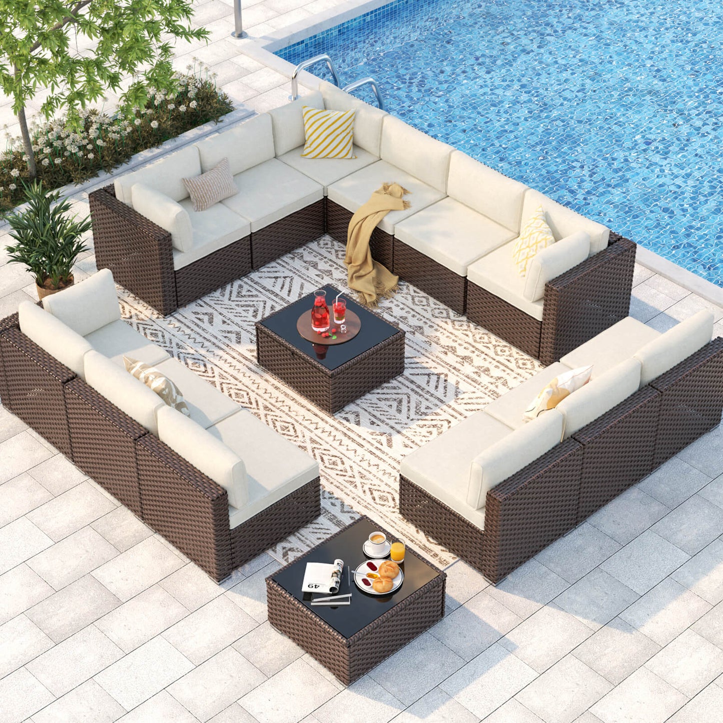 7 Pieces Patio Rattan Conversation Set with Adjustable Corner Sofa