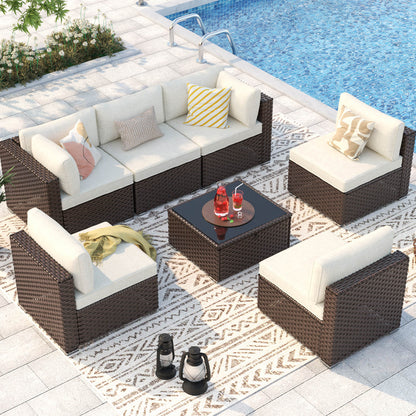 7 Pieces Patio Rattan Conversation Set with Adjustable Corner Sofa