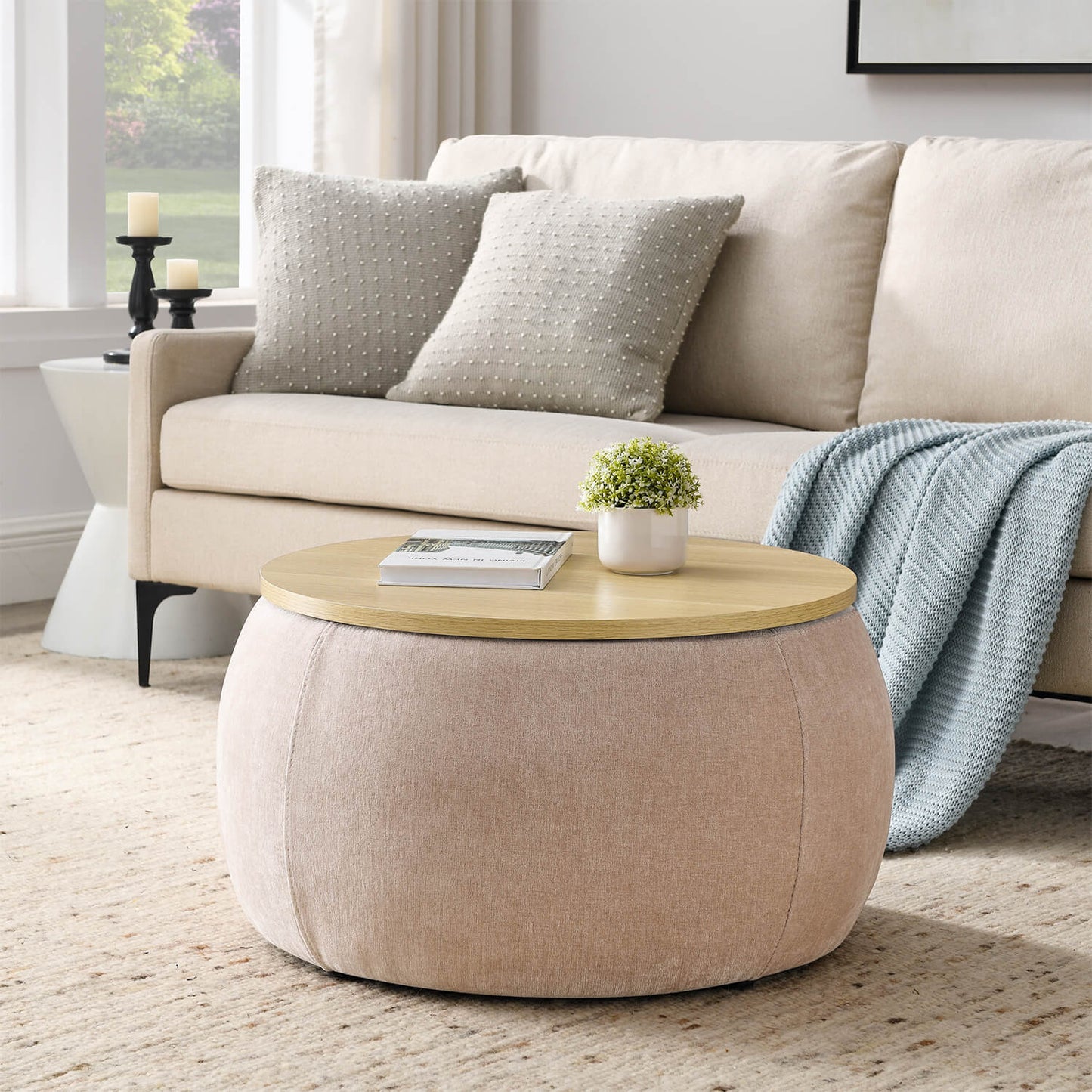 Round Storage Ottoman, 2 in 1 Function, Work as End table and Ottoman - Meissalivve