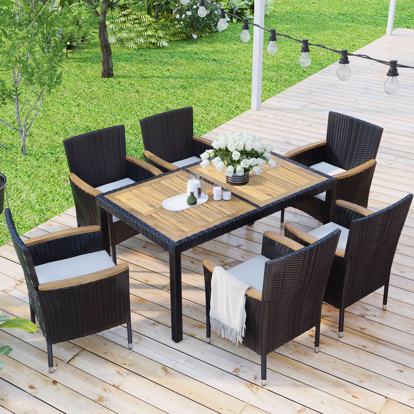 7-Piece Outdoor Patio Dining Set, PE Rattan Wicker Dining Table and Chairs Set - Meissalivve