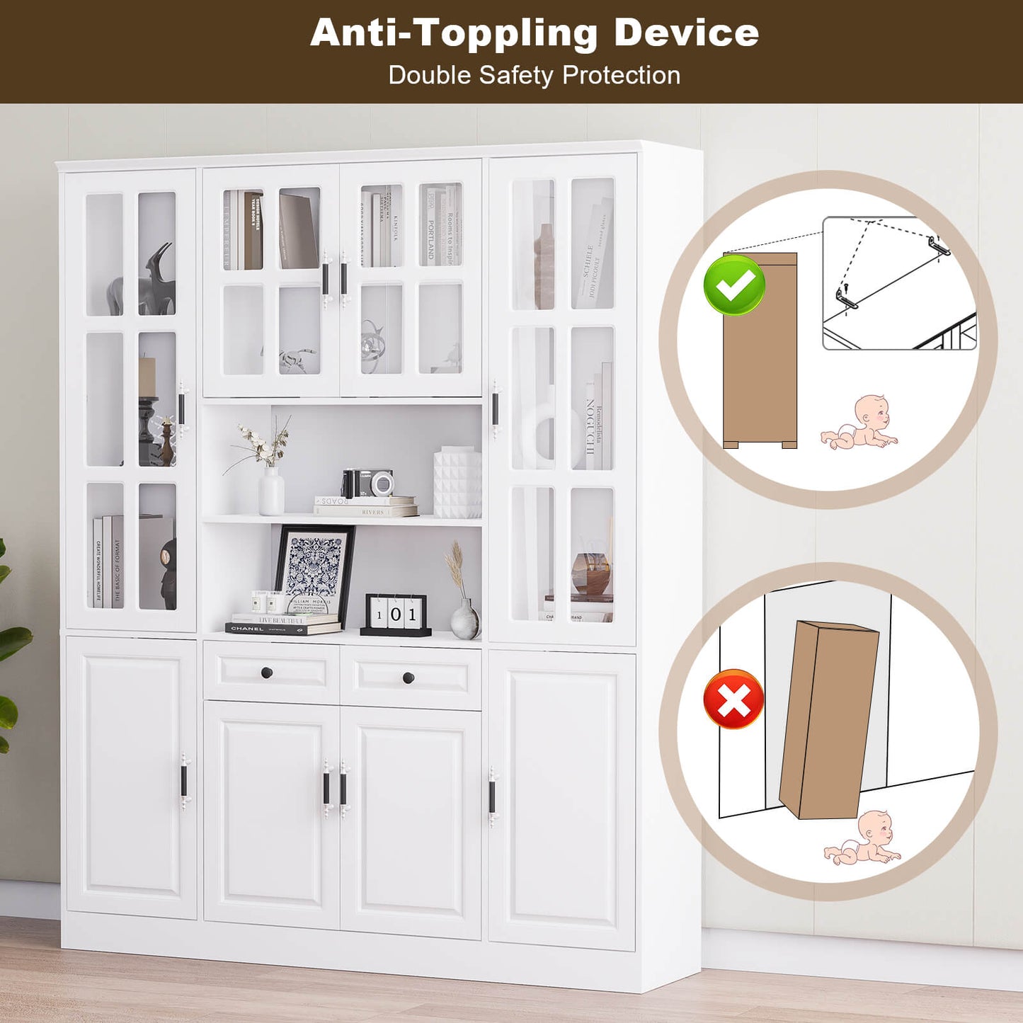 78.7" Kitchen Pantry Storage Cabinet with Glass Doors & Shelves